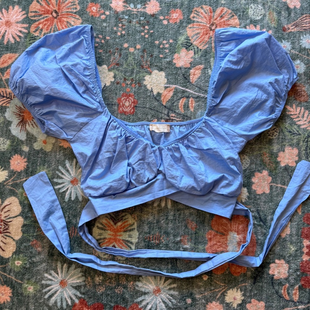 Altar'd State Blue Puff Sleeve Crop Top Wrap Tie Sweetheart Neck Large BT21875AS